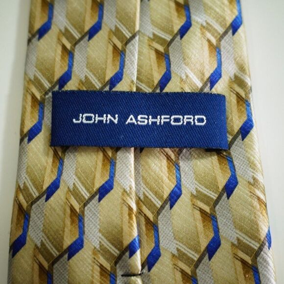 John Ashford Yellow Blue Geometric Abstract Jacquard Print Silk Tie - Picture 3 of 7